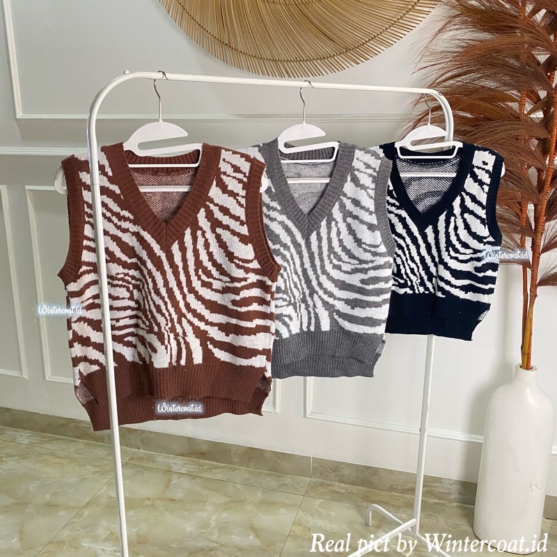 Vest import rompi rajut wanita oversized jumbo zebra hangat knitted rajut korea