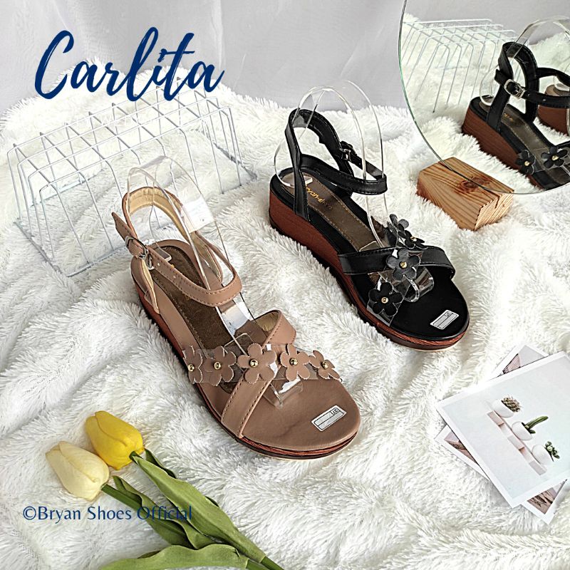 Bryan Carlita Sandal Wedges 5cm Mika Tali Bunga Syantik Sendal Flower Mocca Black Sintetis Dove