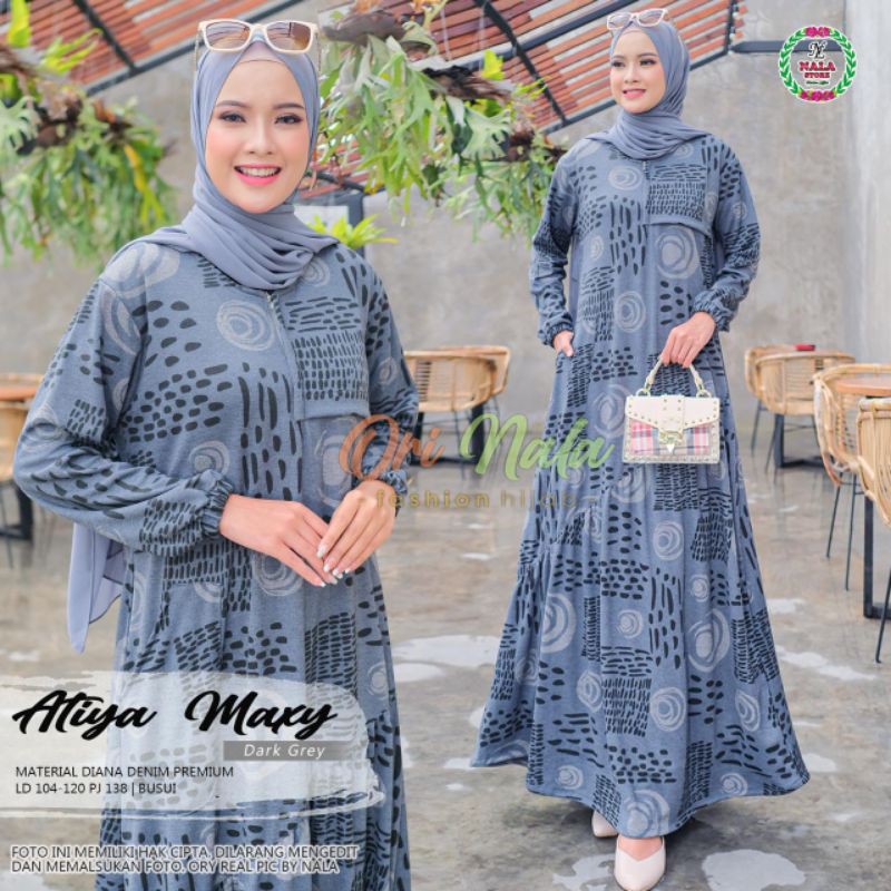Atiya Maxy Diana Denim Dress Busui Ld 110-120 / Gamis Kaos Motif Busui