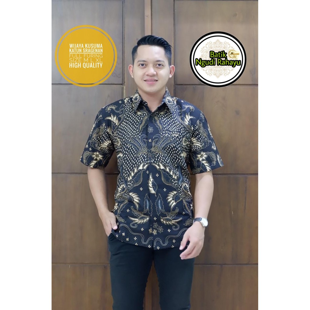 WIJAYA KUSUMA Kemeja Batik Pria Lengan Pendek Katun Halus FULL FURING Batik NGUDI RAHAYU