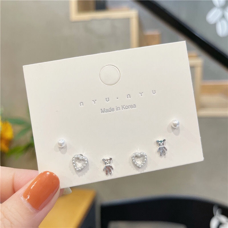 S sterling silver jarum Mutiara Hati anting-anting set cute gadis Beruang anting-anting sederhana wa