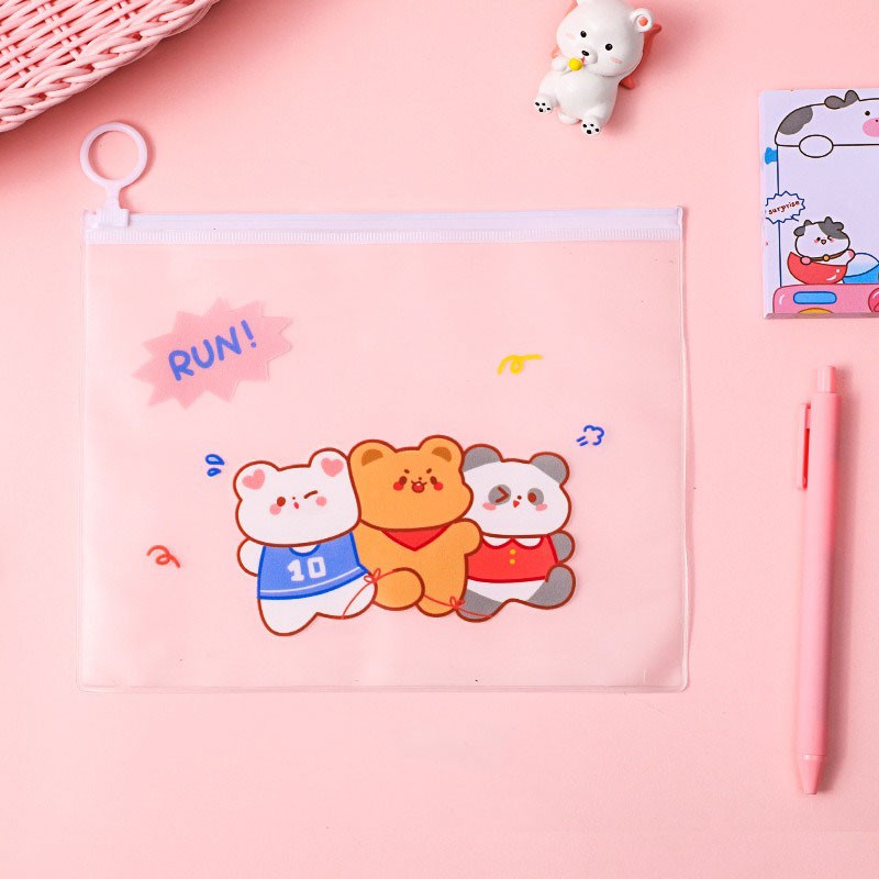MURMURE.ID | ZIPPER BAG TRANSPARAN MOTIF LUCU BUNGA AVOCADO PISANG KOREA TEMPAT PENSIL-BEAR - TRIO RUN