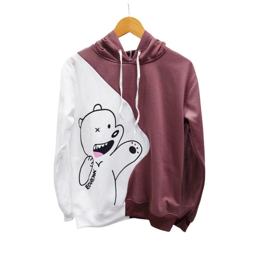 Vallina Outfit - Burgundy Bear Sweater Cartoon Hoodie Premium Wanita Korean Style-Bear Putih Milo