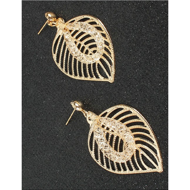 LRC Anting Tusuk Fashion Golden Leaf Hollow Alloy Mesh Crystal Earrings K44450