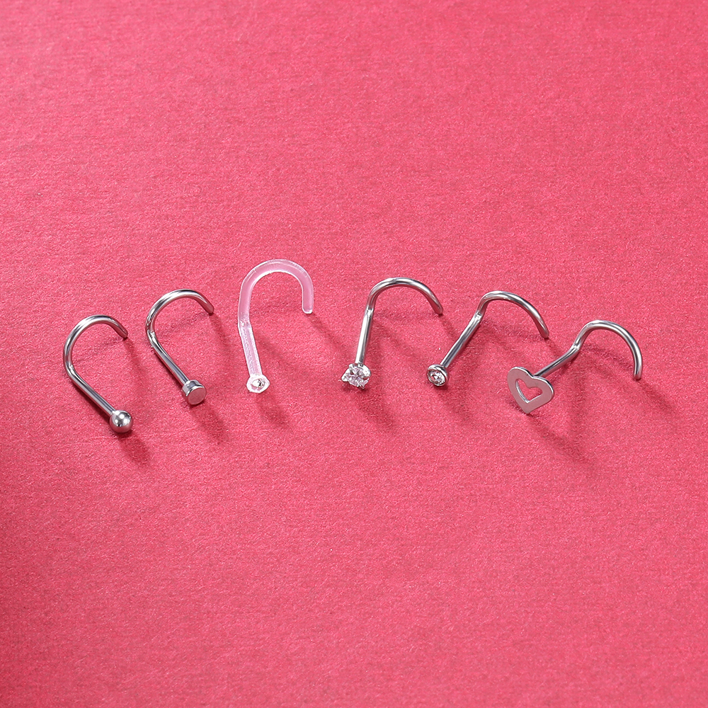 6pcs / Lot Anting Tindik Hidung / Telinga Bentuk L Bahan Stainless Steel 20g Hias Kristal