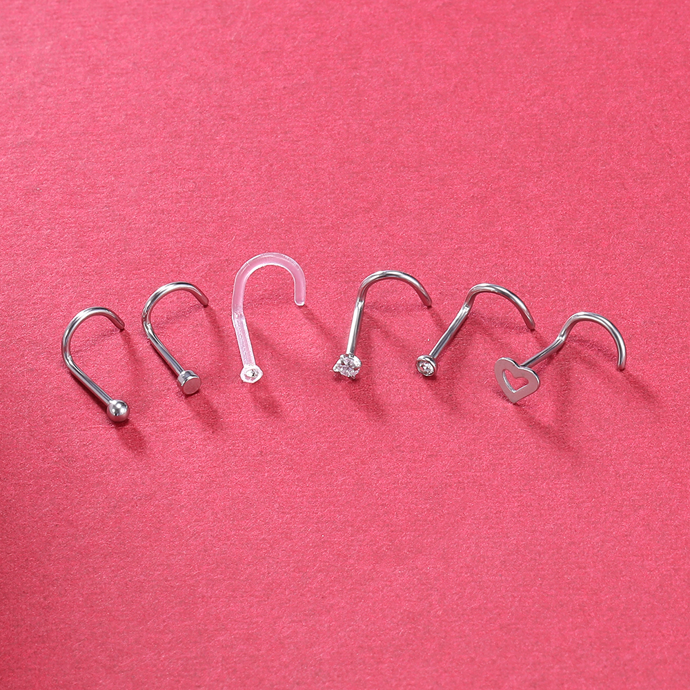 6pcs / Lot Anting Tindik Hidung / Telinga Bentuk L Bahan Stainless Steel 20g Hias Kristal