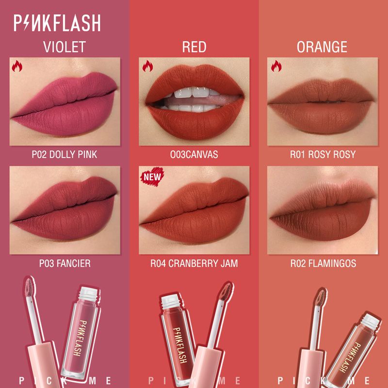 PINKFLASH Matte Lipstik Lembut Tahan Lama Pelembab Pigmentasi Tinggi 24 Colors PF-L01