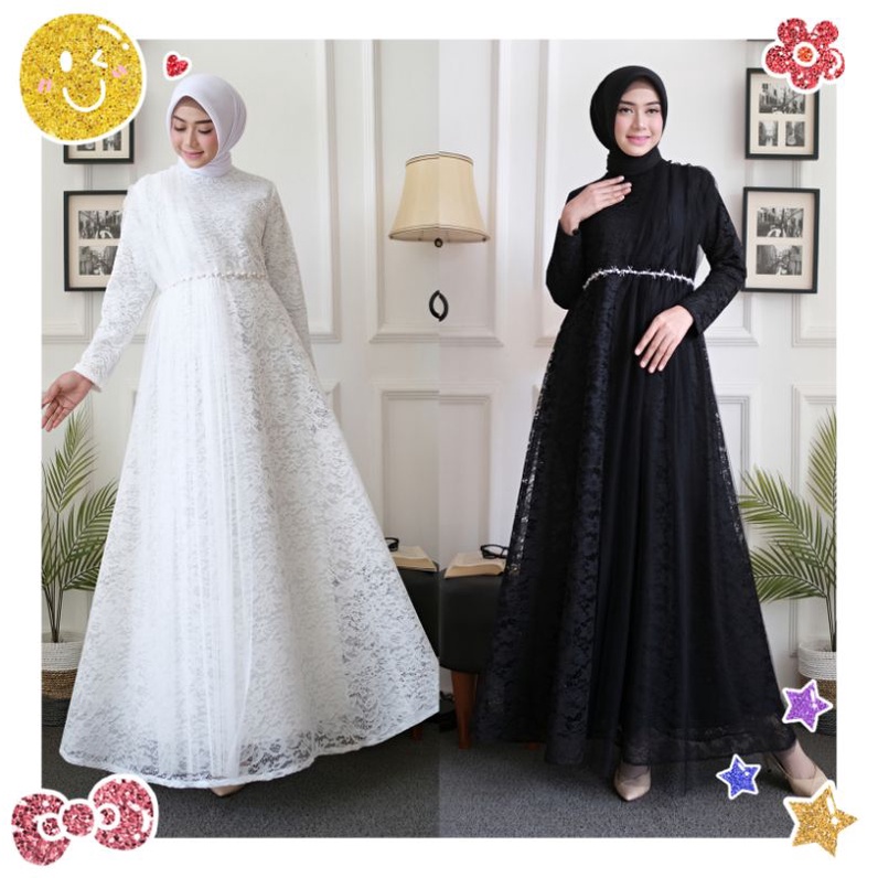Gamis Black White Series  - Baju Dress Wanita Muslimah Modern Syari Putih Hitam Pesta Lebaran Fashio