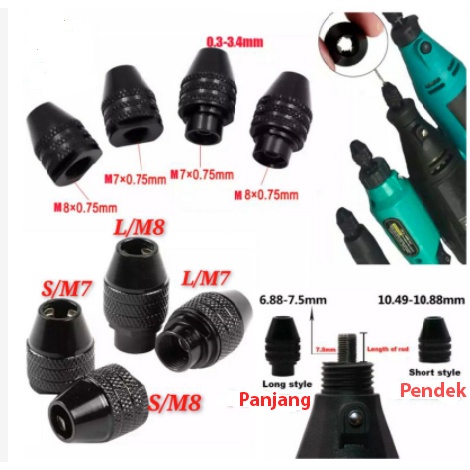 Keyless Kepala Bor Mini Multi Chuck Keyless / Tanpa Collet 0.3-3.4mm M7 M8 X 0.75 Dremel Rotary Shaft Drill Three Jaw