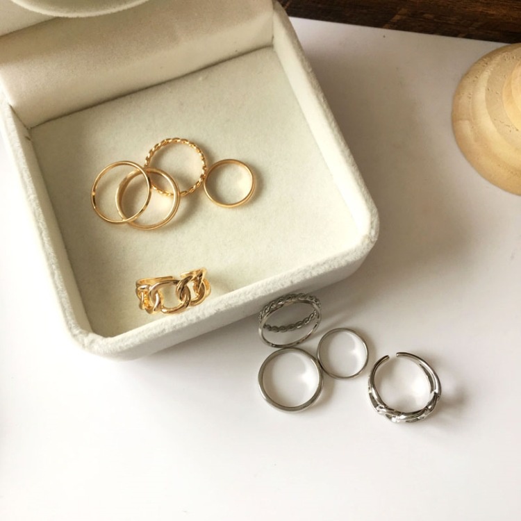 5pcs / Set Cincin Rantai Model Terbuka Bahan Logam Warna Emas Perak Gaya Vintage Untuk Wanita