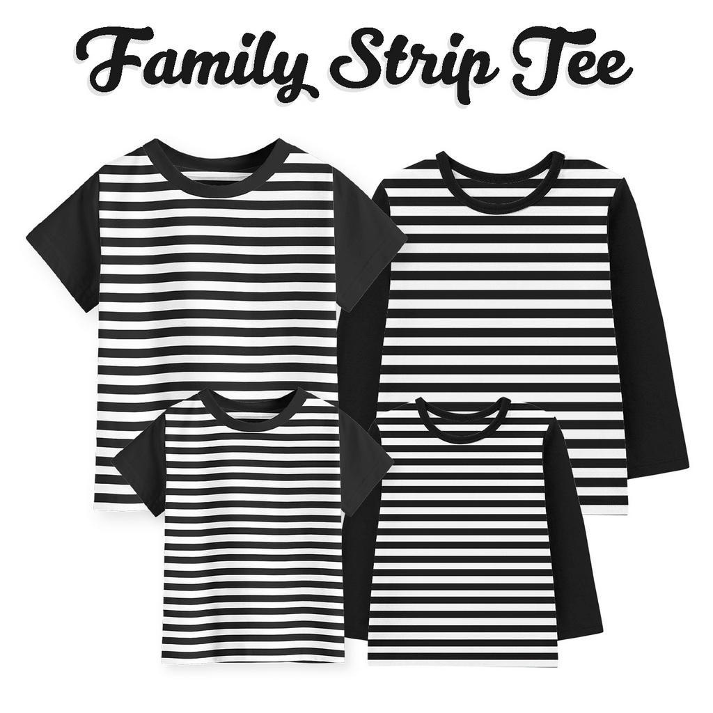 Kaos Couple Family Motif Strip Anak dan Dewasa Kaos Seragam Keluarga Lengan Pendek dan Panjang warna Hitam