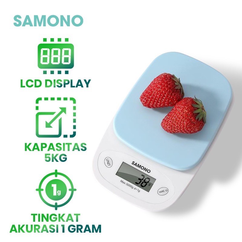 Timbangan Dapur Elektrik Digital LCD Display bahan Plastik Akurasi 1 gram Samono SW-KS01 Biru 5KG