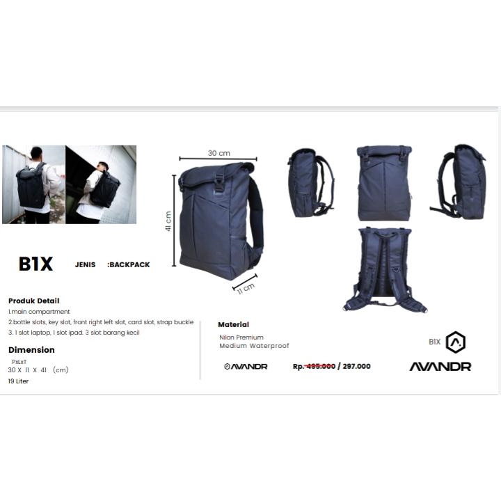 AVANDR B1X Backpack Pria Waterproof Tas Laptop Ransel Pria Multi Pocket Grey