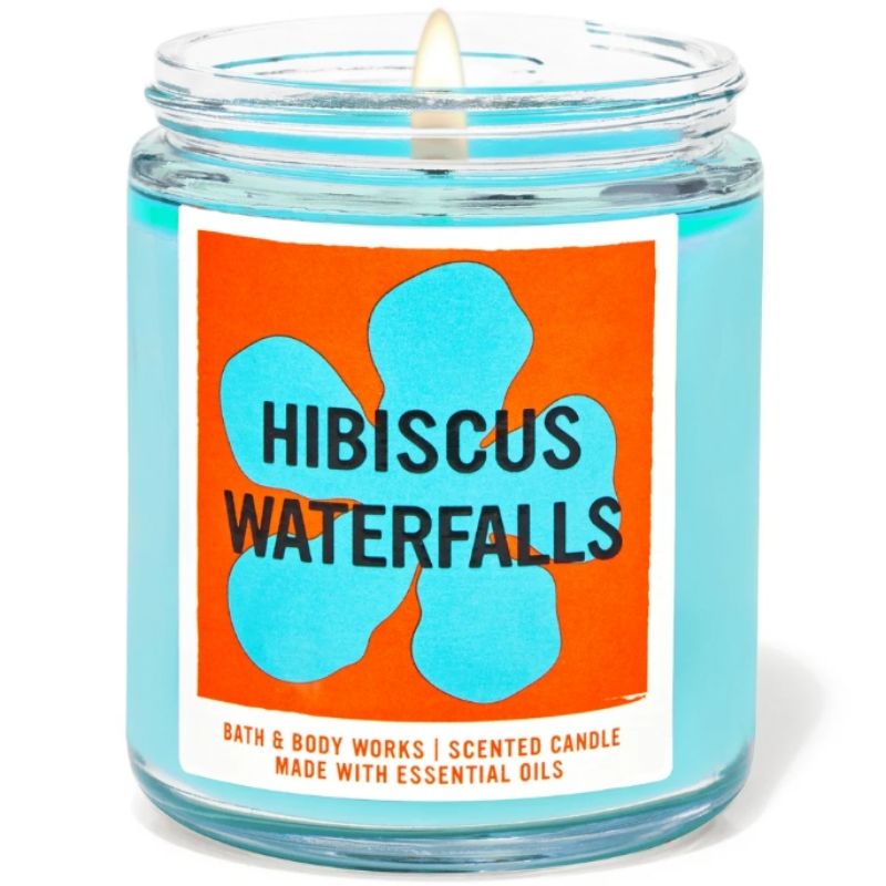 BATH &amp; BODY WORKS BBW HIBISCUS WATERFALLS MADE WITH ESSENTIAL OILS WHITE BARN 1 SINGLE WICK SCENTED CANDLE 198 G PENGHARUM RUANGAN