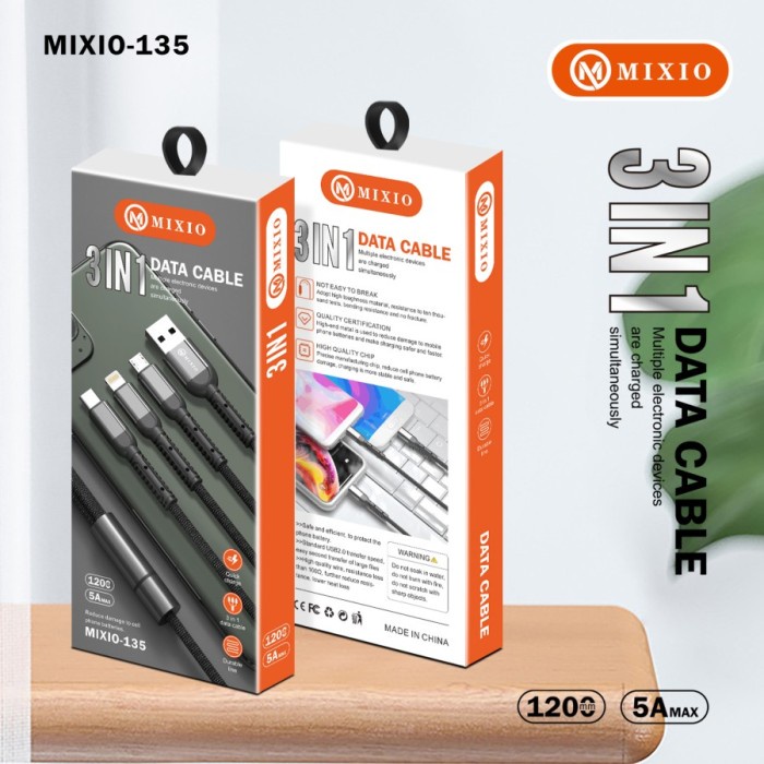 MIXIO-135 KABEL DATA 3IN1 5A 1.2M MICRO+LIGHTNING+TYPE-C Fast Charging