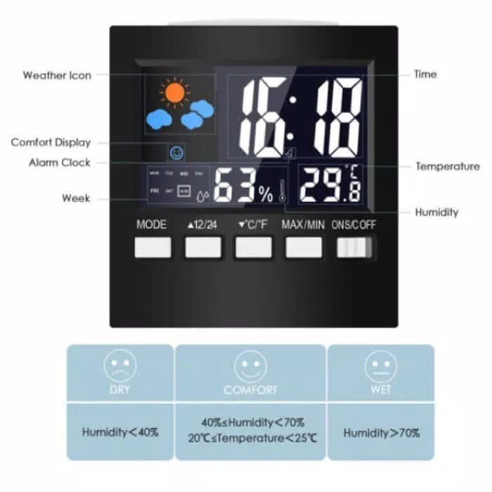 Jam Meja Alarm Digital Termometer Suhu Kelembaban Kalender Cuaca - JAM02