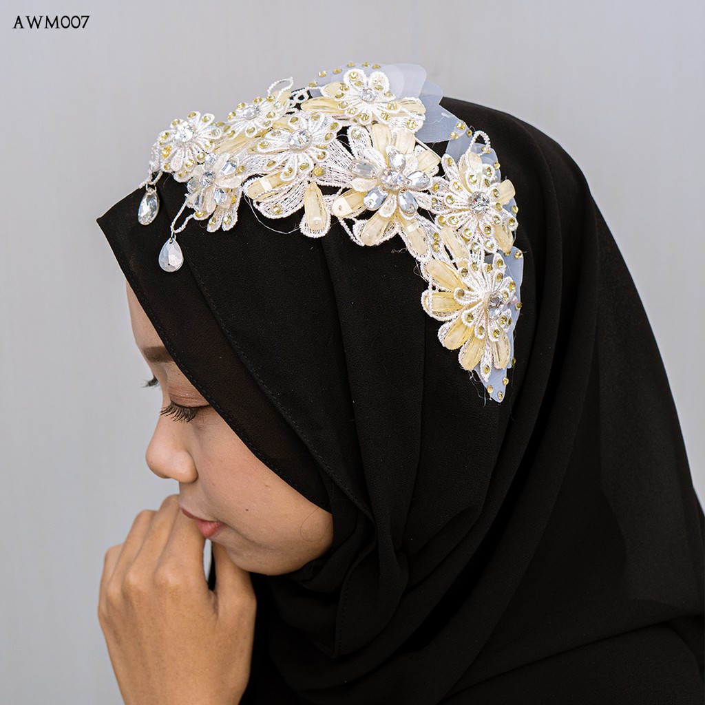 [PRODUK FAVORIT] HAIRPIECE FASHION HIJAB WANITA MODERN GOLD BUNGA AWM007