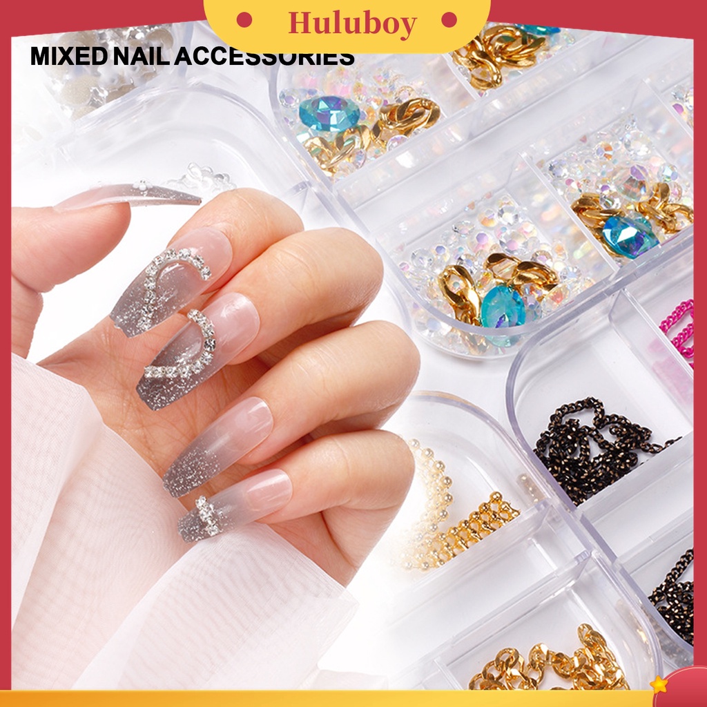 Huluboy Huluboy♡ 12 Grid / Kotak Rantai Kuku 3D Efek Glitter Bahan Alloy Metal Untuk Dekorasi Manicure Wanita