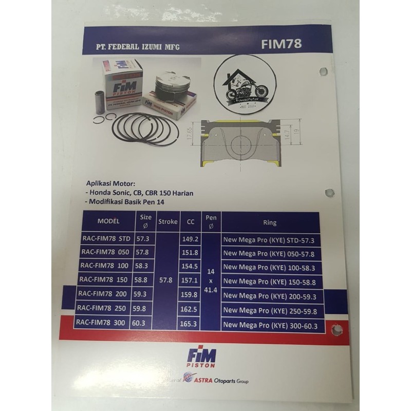 Piston Kit Fim Sonix Sonic 150 CB150R CBR 150 Supra X GTR Fim 78 Fim78 Pin 14-1