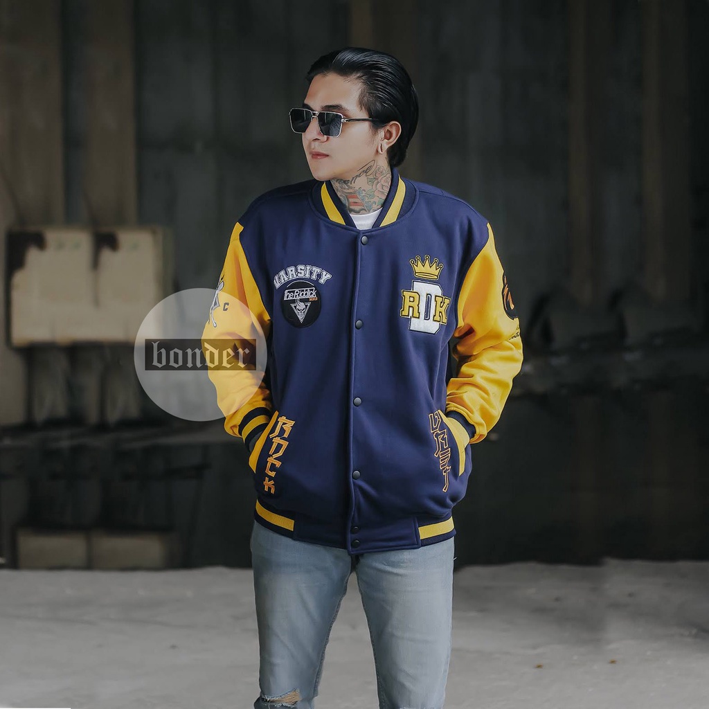 Jaket Varsity Pria Wanita Baseball Ukuran S/M/L/XL/XXL-Navy Kuning/Original Bonder Jacket D Rock Bas