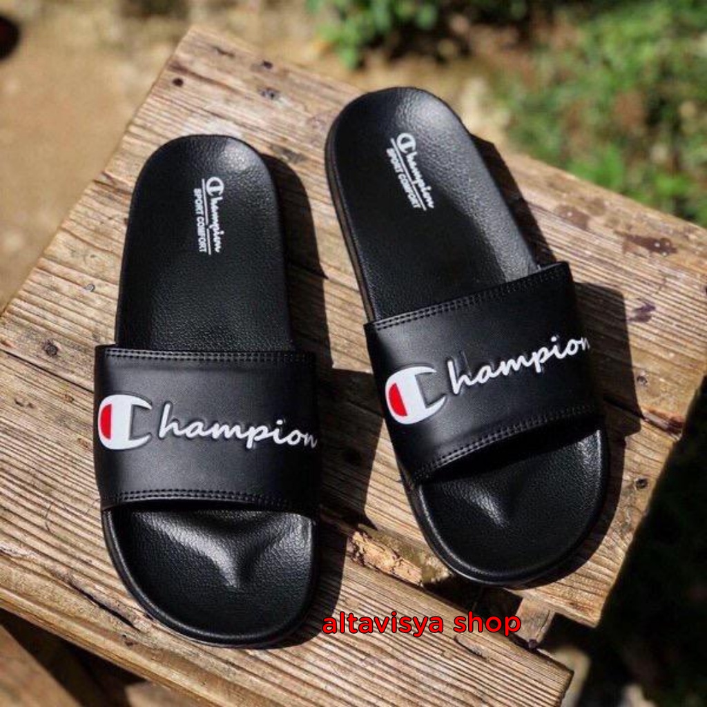 Sandal Slop Champion Pria Wanita - Full Black-Hitam