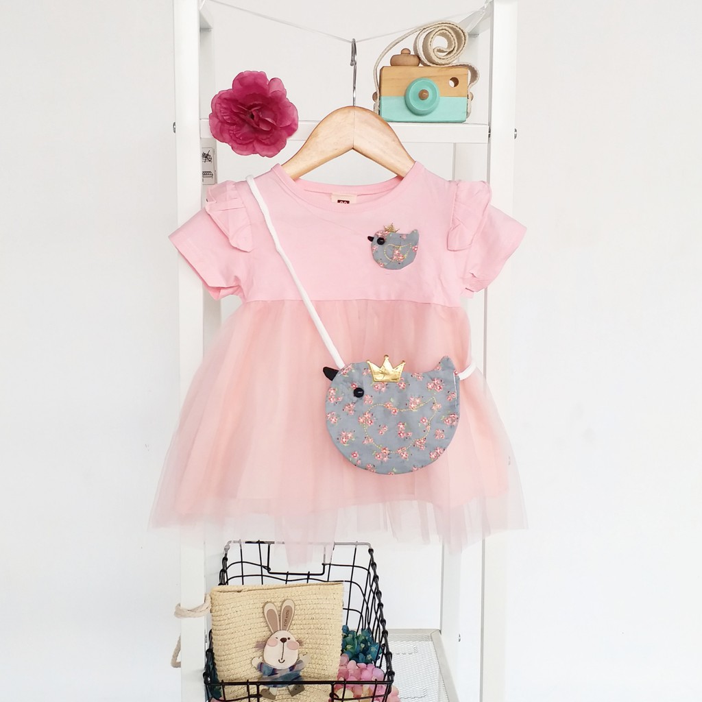 HappyOliver DRESS BIRD CROWN BAGS 273 EBV Baju Dress Anak Perempuan Import 6 bulan - 3 tahun/Dress Bayi Perempuan/Gaun Bayi Perempuan/Dress Pesta/Dress Bayi