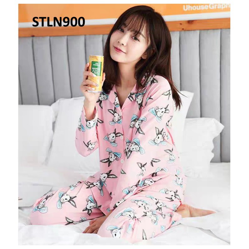 STLN900 - Piyama Wanita Baju Tidur Wanita Kancing Depan Pink Bunny Tie