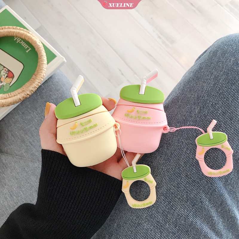 Case Pelindung earphone bluetooth Desain Kartun Susu Pisang Bahan Silikon anti Jatuh Gores Untuk AirPods 1 2