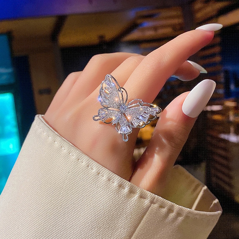 Cincin Jari Telunjuk Model Terbuka Desain Kupu-Kupu Aksen Zirkon Gaya Korea Untuk Wanita