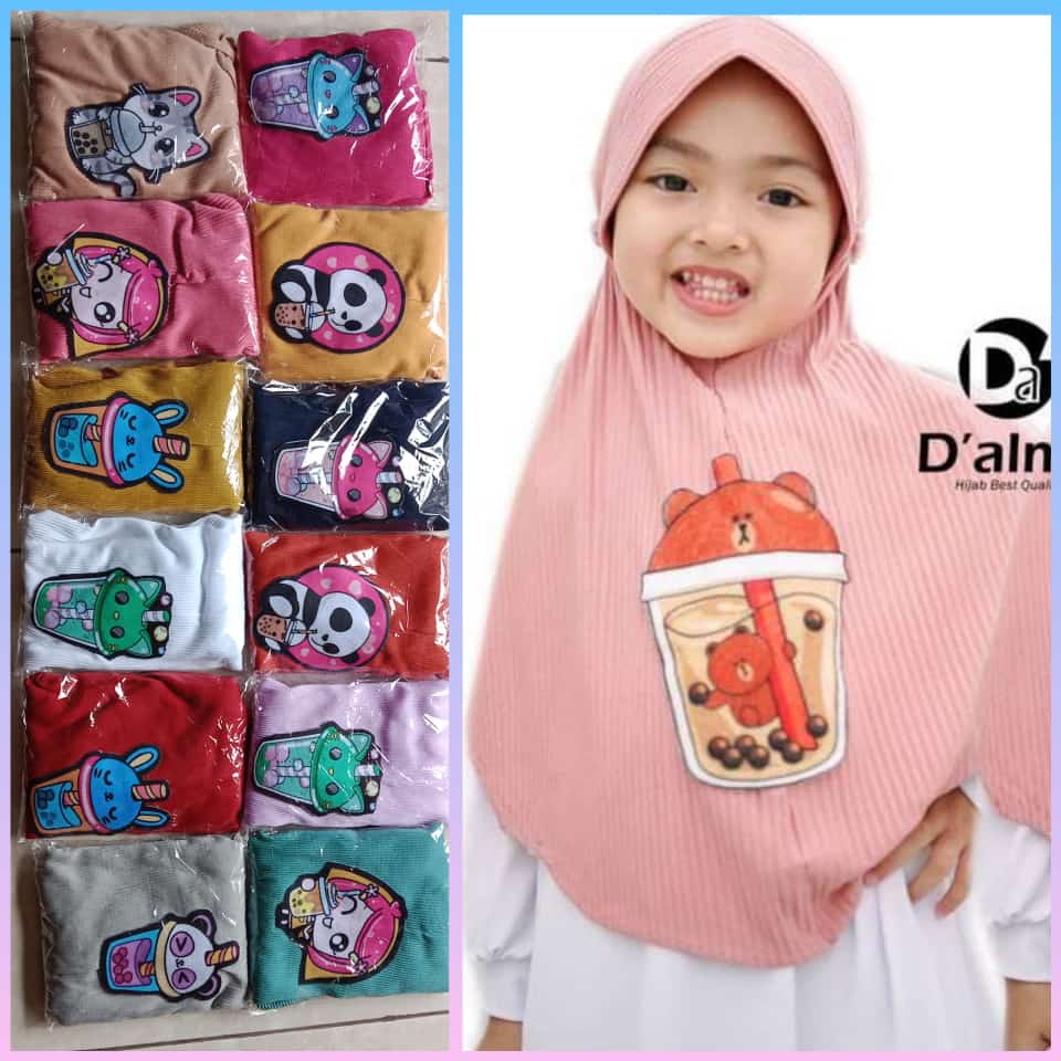 PROMO  Hijab Boba  Plisket Anak Viral / Hijab Jilbab Anak Motif Boba Tali Karet Di Belakang / Kerudu