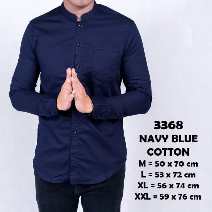 Kemeja pria Kemeja pria kerah shanghai koko lengan panjang slimfit BIRU NAVY BLUE - Navy, L terlaris