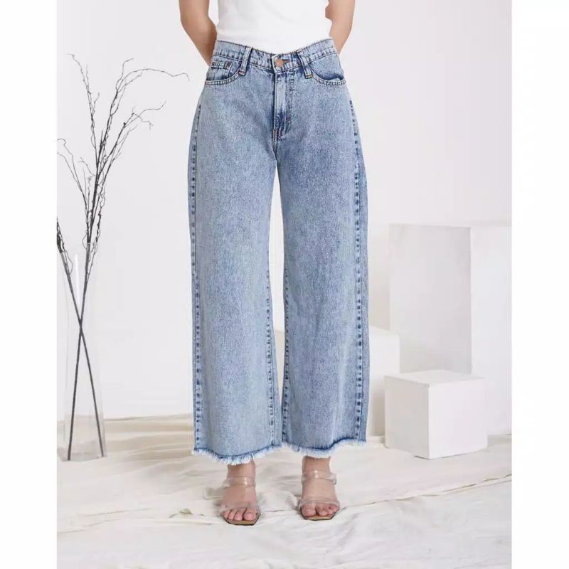 YAOSHI - Celana Highwaist Kulot Jeans Wanita - Boyfriend Jeans Kulot Rawis  JEANS TEBAL 14 OZ