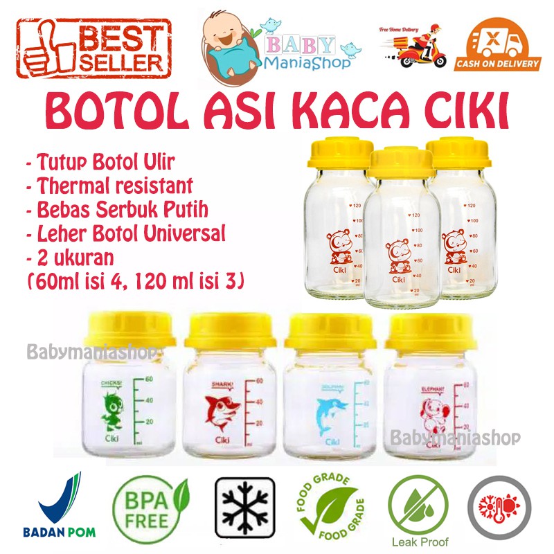 Botol ASI Kaca Ciki Ulir Kuning 60ml Isi 4 120ml Isi 3 Ulir Putih 100ml isi 6 Breastmilk Bottle