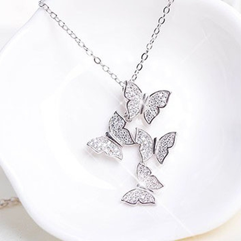 [Ready Stock]Fashion Retro Silver Plated Four Butterflies Diamond-Studded Necklace
