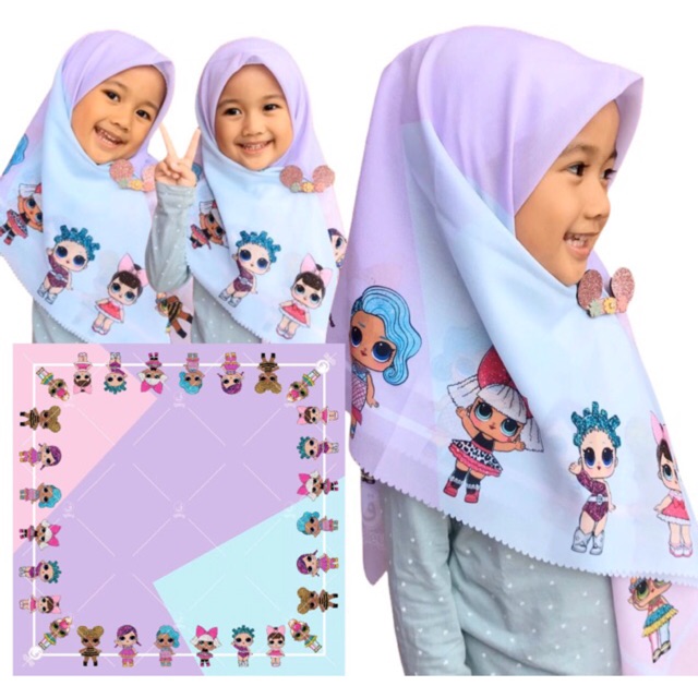 VOAL PRINTING ANAK MOTIF LOL UNGU / HIJAB ANAK LUCU / JILBAB ANAK KARAKTER / KERUDUNG ANAK