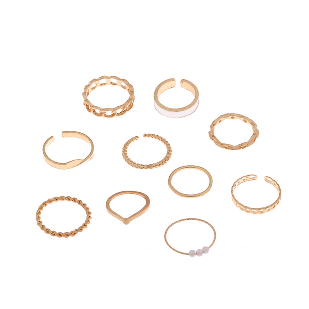 10pcs / set Cincin Knuckle Kombinasi Desain Geometri Hias Mutiara Gaya Simple Untuk Wanita