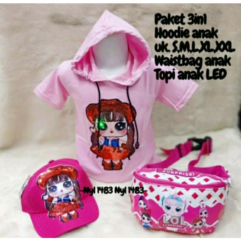 Paket 3IN1 Hoodie paket hemat Murah anak  karakter LOL waistbag dan topi LED(nyala)