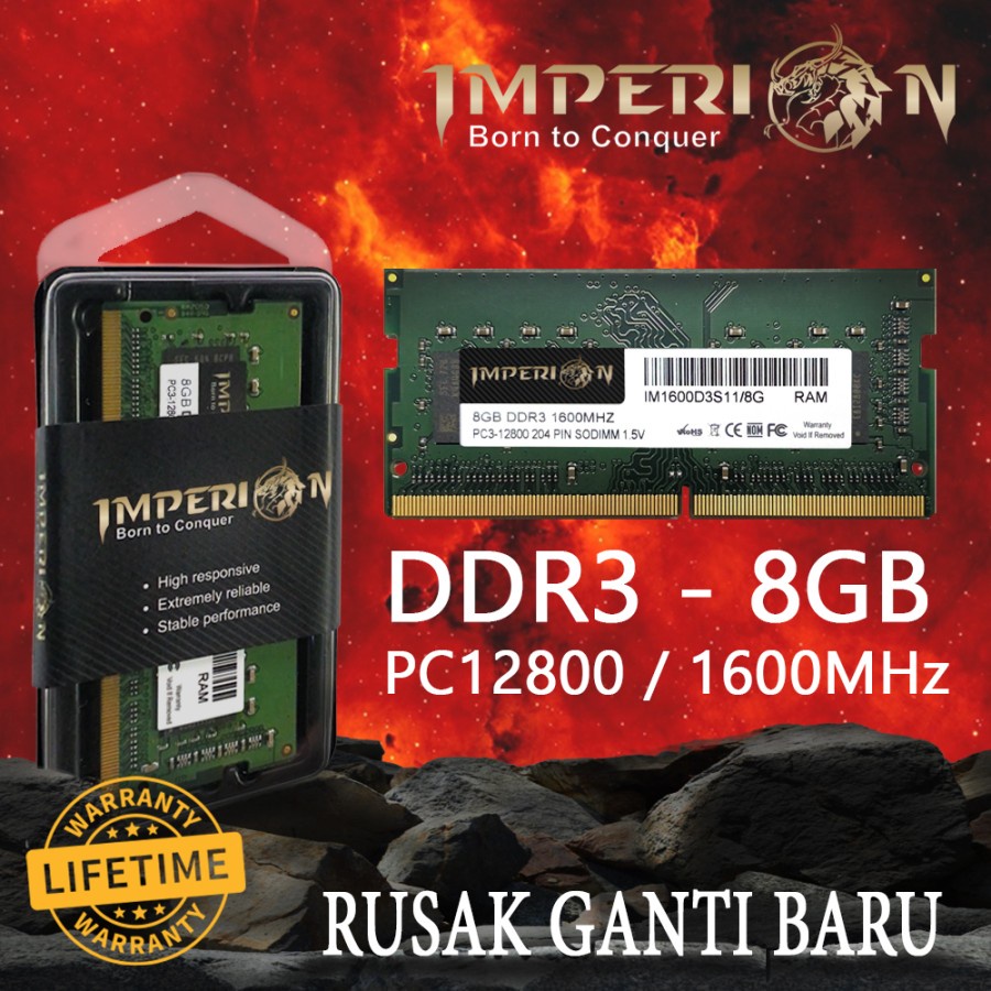 RAM IMPERION DDR3 8GB DDR 3 8 GB1600 MHz PC12800 RAM FOR LAPTOP/NOTEBOOK  SODIMM GARANSI RESMI LIFE TIME