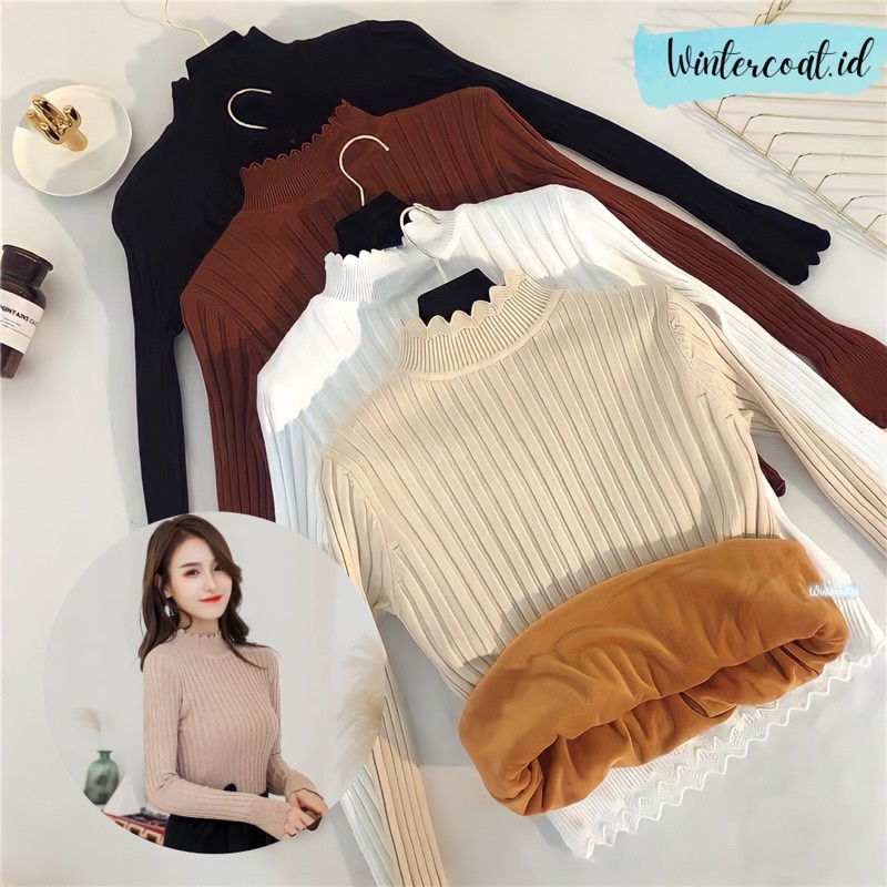 Sweater winter wanita atasan musim dingin michelle import longjohn inside velvet rajut knit knitted halter neck pullover