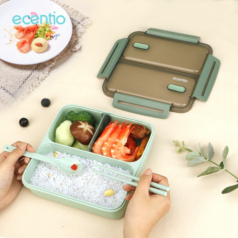 ecentio kotak makan 1100ml anti bocor 3 grid sekat lunch box anti tumpah tempat makan Wadah bekal free sendok&amp;sumpit