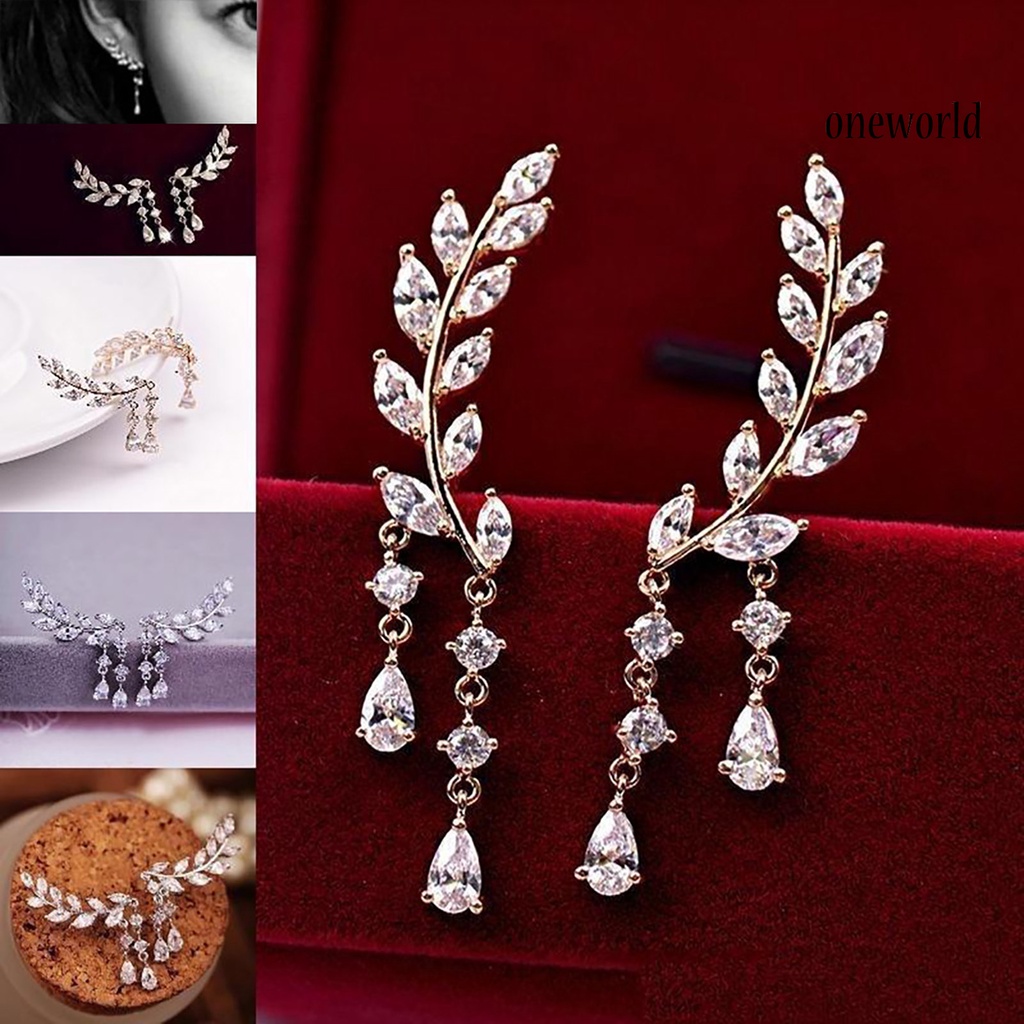 OW@ 1 Pair Women Leaves Shape Rhinestone Inlaid Water-drop Tassels Earrings Ear Studs Jewelry for Party