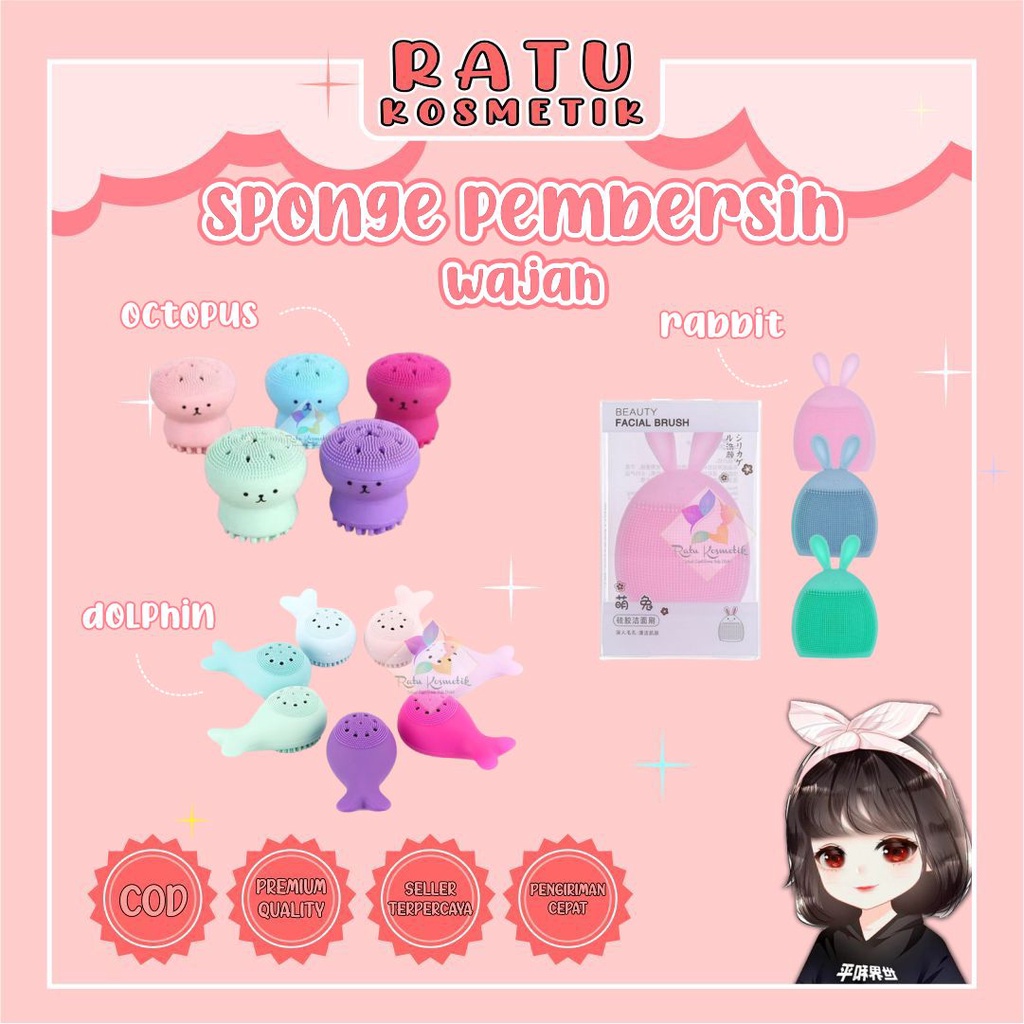 ❤ RATU ❤ Sponge Octopus - Spon Sikat Pembersih Wajah Gurita | Dolphin | Rabbit | Spons Wajah