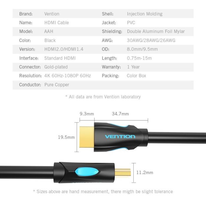 Vention [VAA-M02 1.5M] Kabel HDMI v2.0b 4K Ultra HD - M02 - 1 Meter