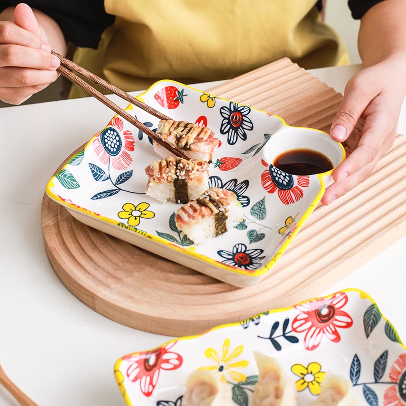 Piring Keramik Korea Ada Tempat Saus/Korean Style Dinner Plate