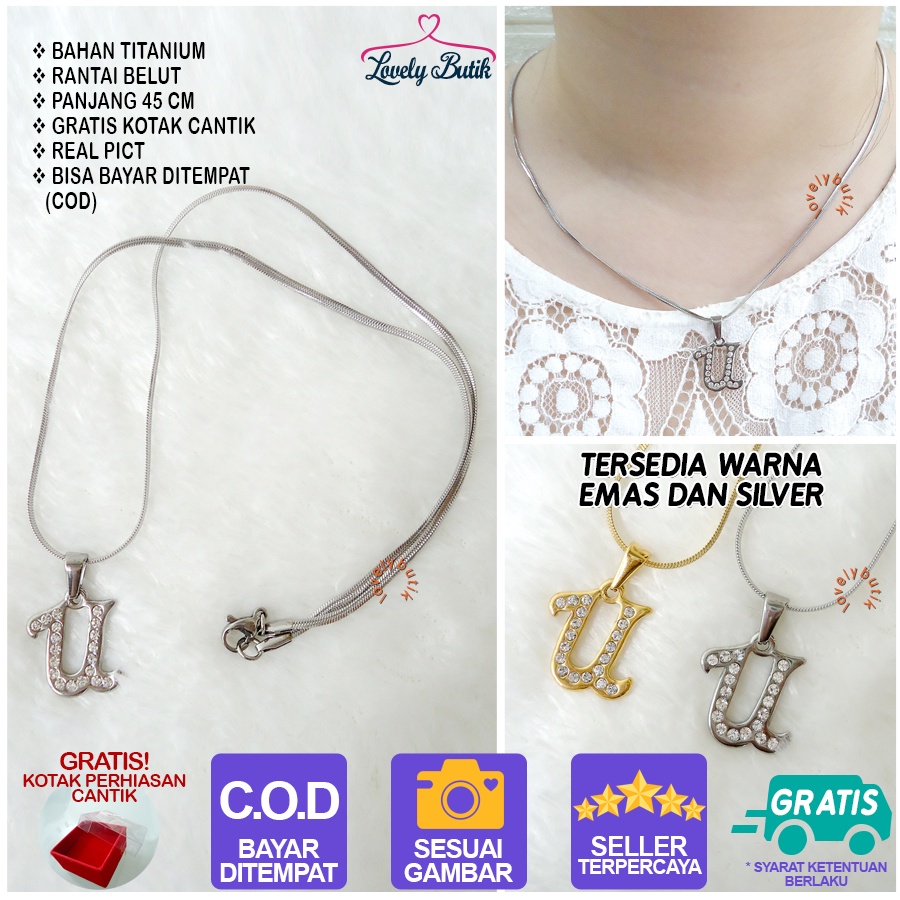 Lovelybutik Honey Kalung Huruf Titanium Anti Karat Inisial U Uk 45 cm BONUS KOTAK PERHIASAN