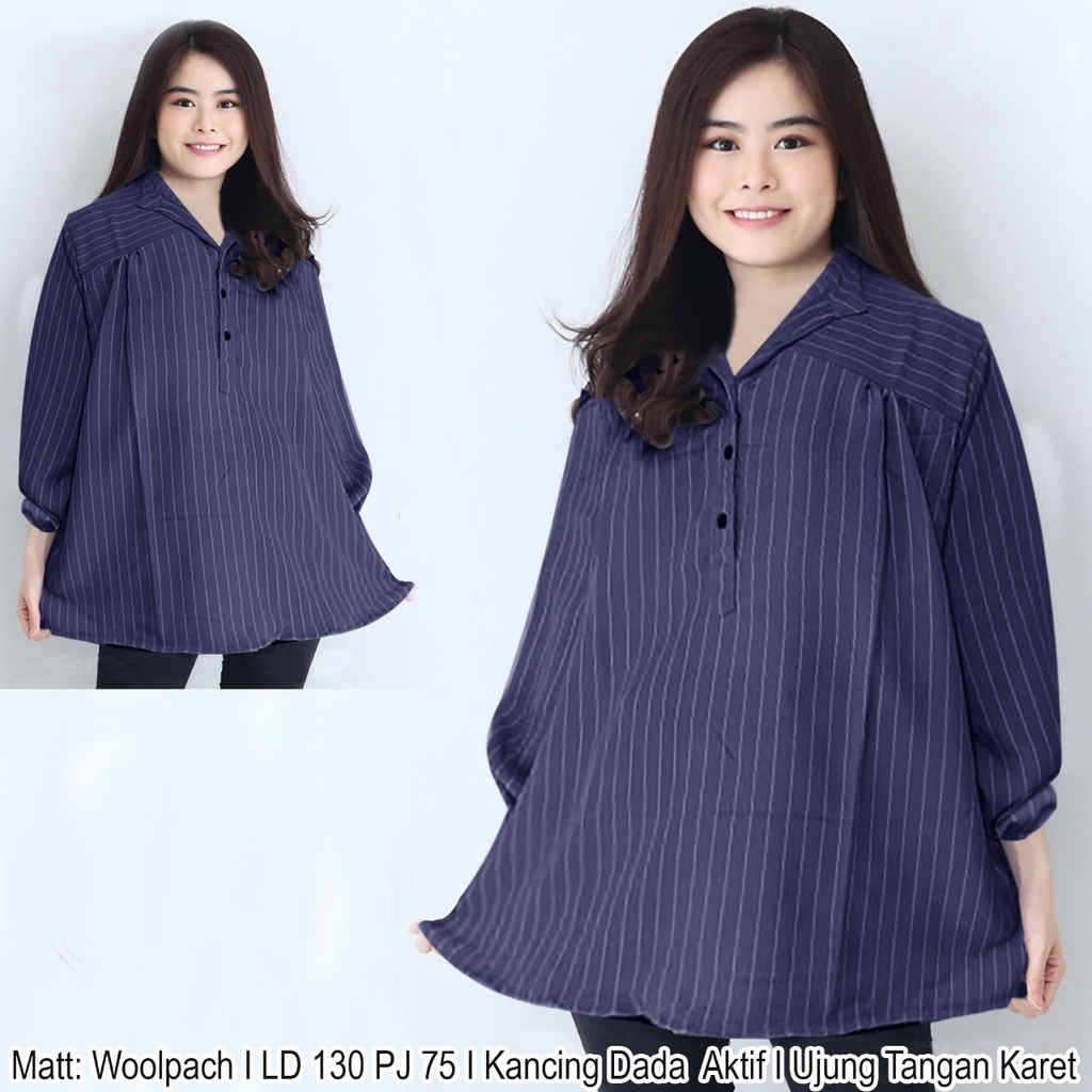 ISF [COD] + [GRATIS ONGKIR]  Blouse Jumbo Revo Atasan Lengan Panjang BIG SIZE XXXL LD 130 CM P 75 CM-Navy Putih
