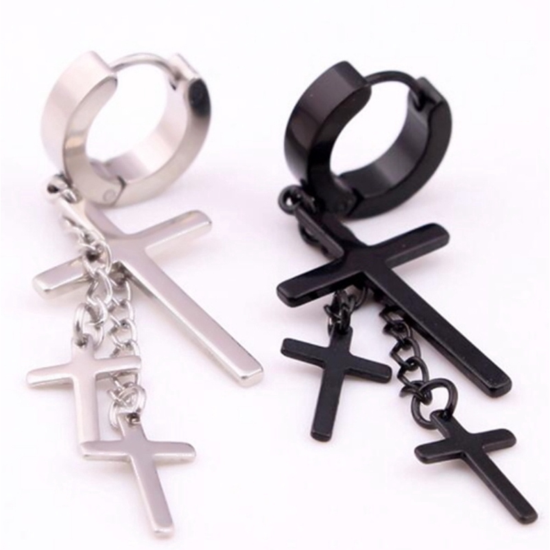 1Pc Anting Tusuk Model Salib Bahan Stainless Steel Gaya Punk untuk Wanita