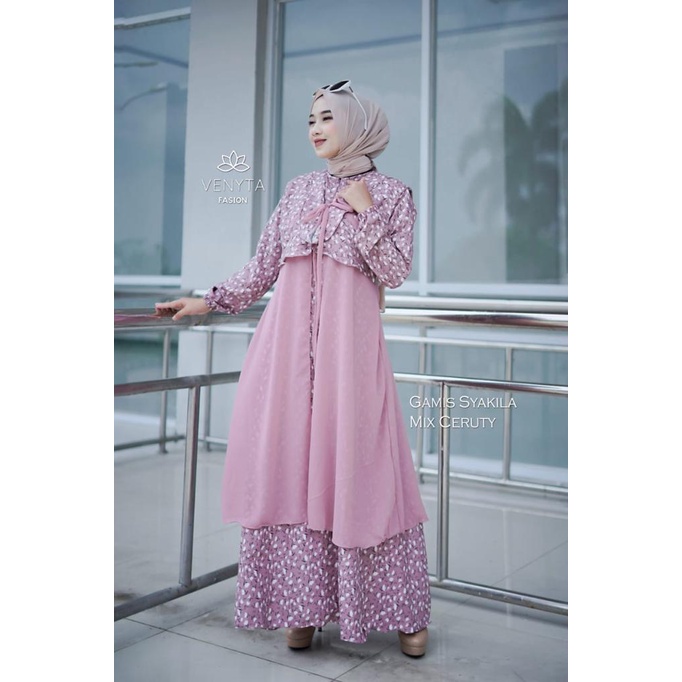 Gamis SET OUTER BLEZER CARDIGAN  2IN1 ori venyta LAILI LILI SET OUTHER  ROMPI baju muslim hits motif bunga umbrella Mayung syari maxidress pesta