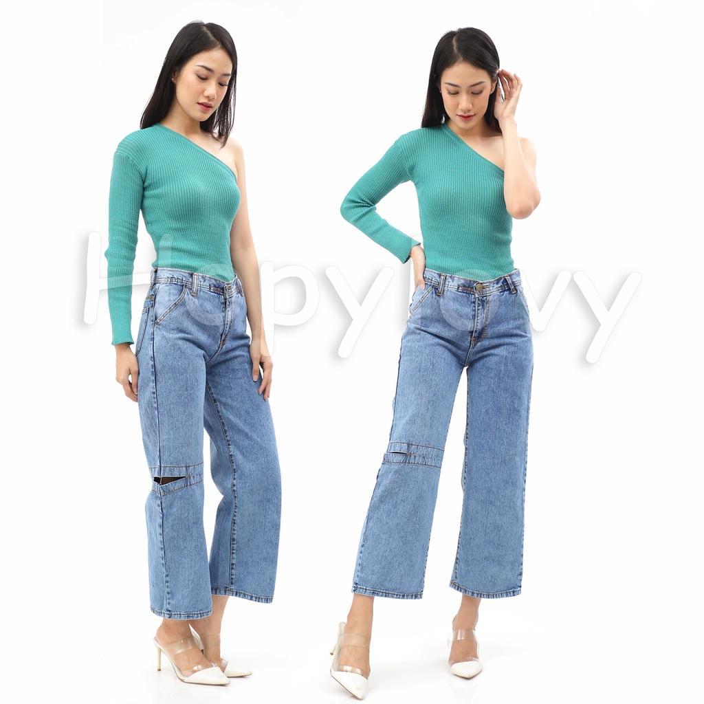 HOPYLOVY Celana Kulot Wanita Highwaist Boyfriend Jeans BF Sobek Claretta