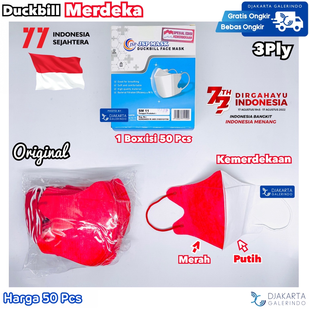 Masker JSP Duckbill Merdeka KF94 Merah Putih isi 50Pcs